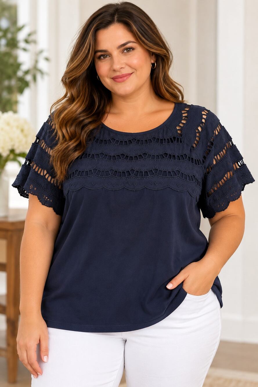 Talbots Plus 3X Navy Blue Eyelet Lace Short Sleeve Top Blouse